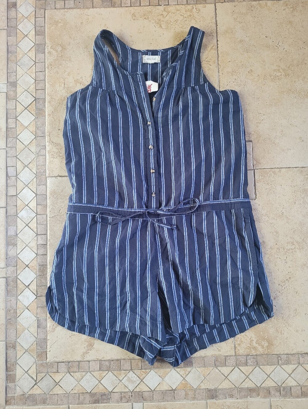 Sandy & Sid Striped Navy Blue Button Romper